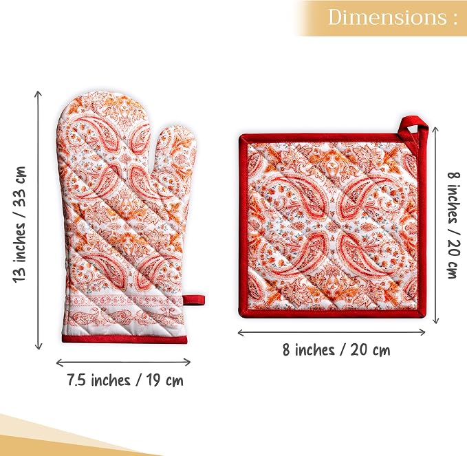 Maison d' Hermine 100% Cotton Oven Mitt & Pot Holder Set (7.5"x13" & 8"x8") | Heat Resistant BBQ Cooking Gloves with Loop Baking Grilling Kitchen Hotel Home Farmhouse Thanksgiving Christmas - Orient