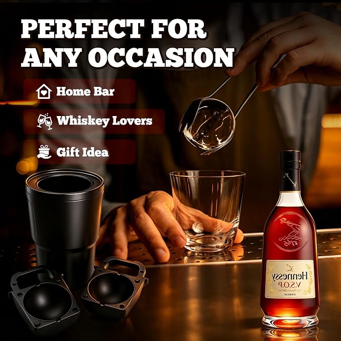 Crystal Clear Ice Ball Maker with Insulated Black Cup – Large Sphere Silicone Ice Mold for Whiskey & Cocktails Slow Melting Clear Ice Maker, Bourbon, Scotch Gifts for Home Bar