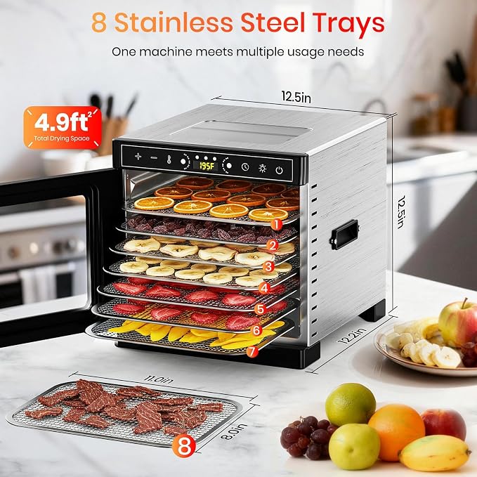 8-Tray Food Dehydrator, 400W, Stainless Steel, 195°F & 24H Time Control | Visible Window Built-in Lighting Stainless Steel