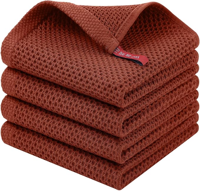 Homaxy 100% Cotton Waffle Weave Kitchen Dish Cloths, 4-Pack, Rust | 12 x 12 Inches, Ultra Soft Absorbent Dish Towels, Quick Drying Dish Rags with Hanging Loop