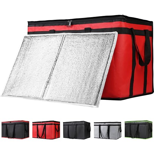 Insulated Food Delivery Bag with Hard Bottom, XXX-Large Insulated Reusable Grocery Cooler/Hot Bags, Tote Bag for Shopping/Travel, Red, 1-Pack