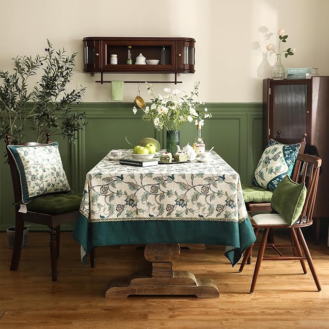 patdrea Designer Green Linen Long Table Cloth for Rectangle Table,Vintage Floral Pattern Durable Tablecloth,French Cover Decor for Kitchen Dining,Christmas,Thanksgiving,Tea Party,63"x102"-Noah