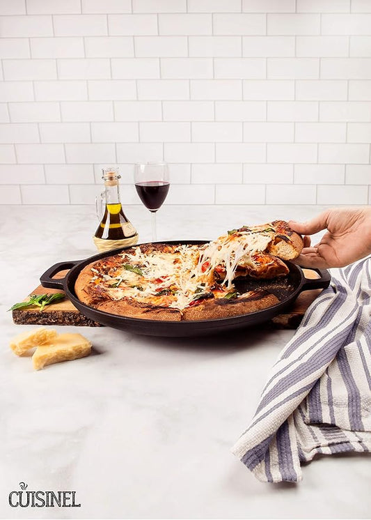 Cuisinel Pre-Seasoned Cast Iron Pizza and Baking Pan (13.5 Inch) Natural Finish, Enhanced Heat Retention and Dispersion - Stove, Oven, Grill or Campfire