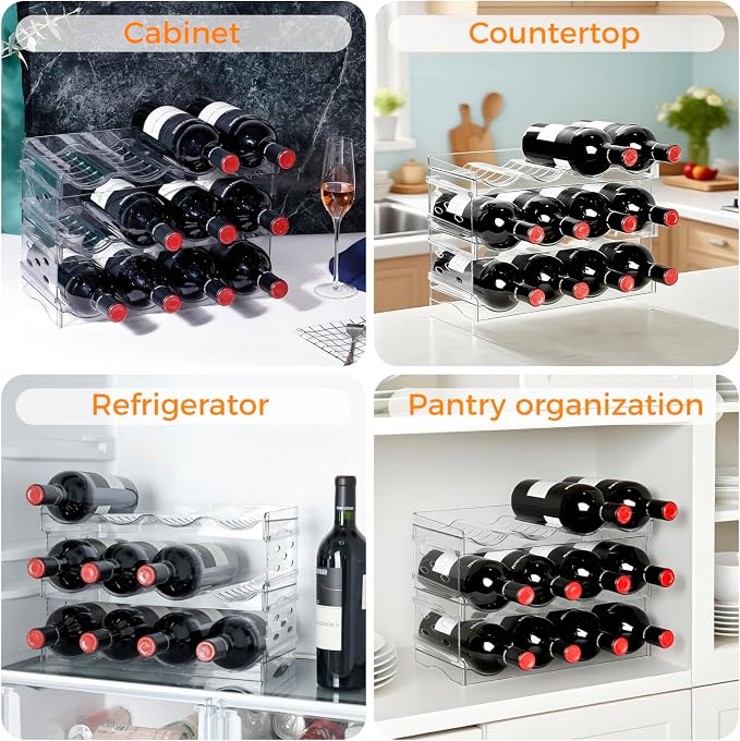 BoxedHome Plastic Water Bottle Organizer and Wine Rack Storage Holder for Inside Cabinet, Kitchen Countertop, Table Top, Pantry, Bars, Cabinets, Fridge - Clear (3 Tier 12 Containers)