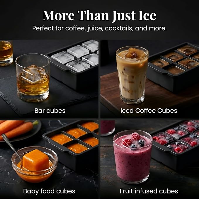 KitchFort® Large Silicone Ice Cube Tray (2-Pack) - 2" Big Ice Mold with Lid | Easy Release, Cocktail, Whiskey Ice Cubes Mold - Food Grade - Ice Cube Trays for Freezer - Stackable Silicone Ice Tray