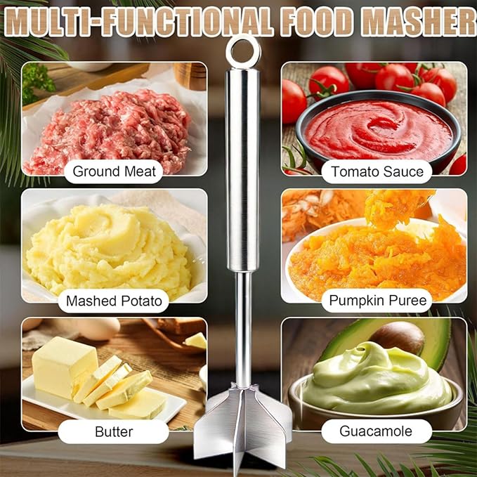 304 Stainless Steel Meat Masher 11 Inch 6 Blade | Ground Beef Chopper Tool Hamburger Smasher for Potato Chicken Puree, Heavy Duty Food Grade Mixer Utensil for Home Meal Prep