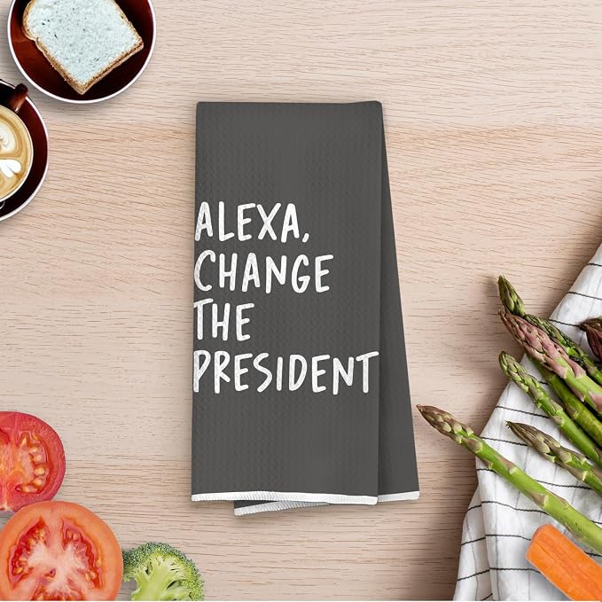 Funny Political Kitchen Towels - Change The President Decorative Waffle Weave Dish Towels, Funny Kitchen Bathroom Decor, House Warming Gifts, Changing Towel, 16×24 Inches- Gray