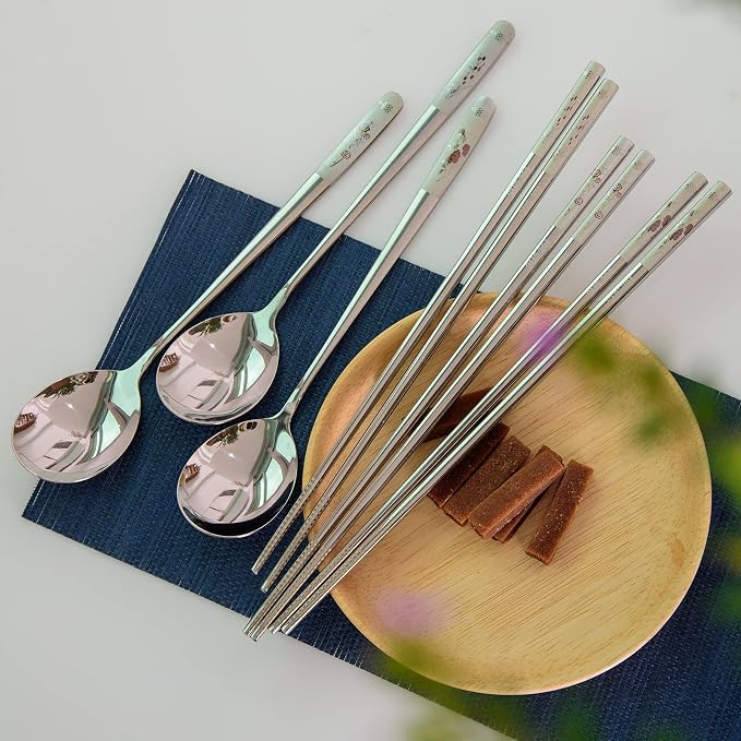 Reusable Chopstick and Spoon Set, Korean Long Handle Stainless Steel Spoon and Chopsticks Set, Dishwasher Safe Metal Chop sticks, Set of 3. (Multi-patterned)
