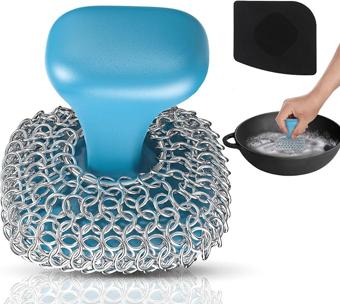 Cast Iron Scrubber Dish Scrub Brush for Cast Iron Pan Skillet | 316 Cast Iron Cleaner, Chain Mail Scrubber Cast Iron, Dish Scouring Pad, Dishwasher Safe, Cleaning Kit, Blue