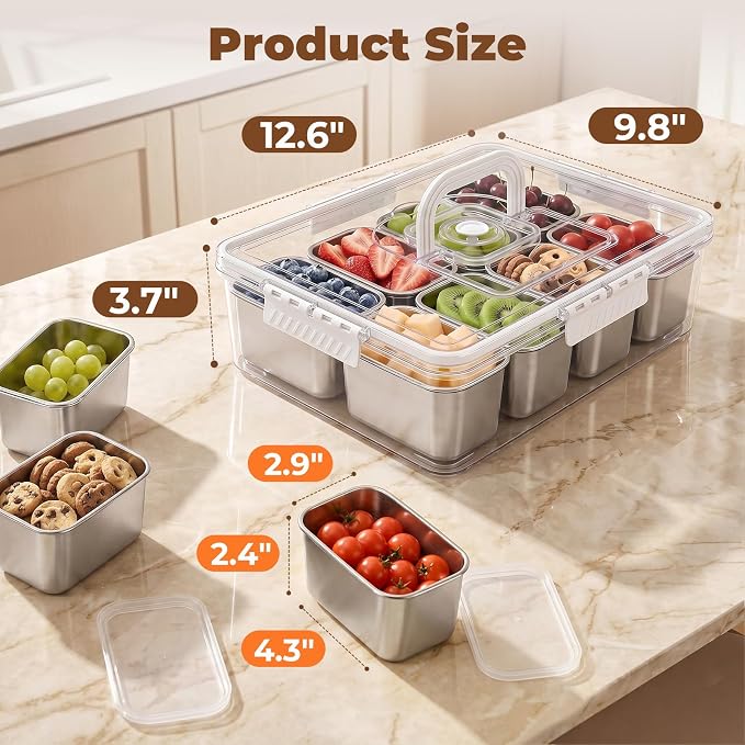 Homelove Snackle Box Container, Snack Container Divided Serving Tray with 8-Compartment Snack Platter, Lid and Handle, Food Organizer for Outdoor Travel Party Beach Picnic