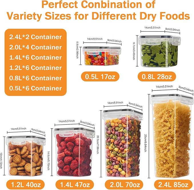 30 PCS Airtight Food Storage Containers with Lids, Plastic Kitchen and Organization Canisters for Cereal, Dry Food, Flour and Sugar, BPA-Free, PVC-Free, Includes Labels & Marker