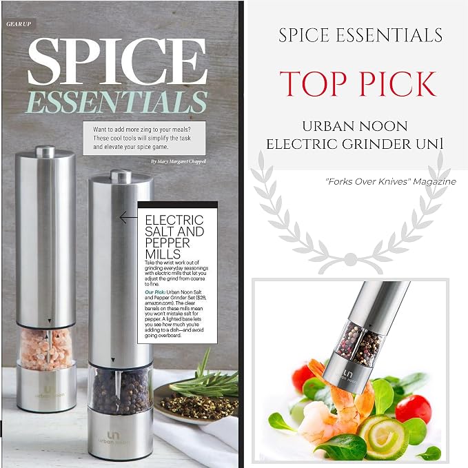 Urban Noon Electric Salt and Pepper Grinder Set (2 Mills, 8.1" Tall) - One-Handed Push-Button Mills with LED Light, Adjustable Ceramic Coarseness, Gift-Ready Box, 1-Year Warranty - Stainless Steel