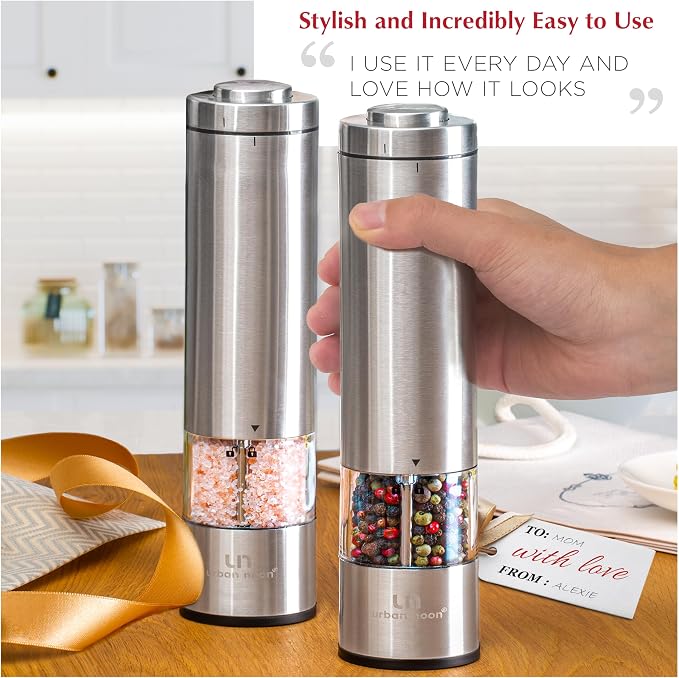 Electric Salt and Pepper Grinder Set - Battery Operated Stainless Steel Mill with Light (2 Mills) - Automatic One Handed Operation - Electronic Adjustable Shakers - Ceramic Grinders