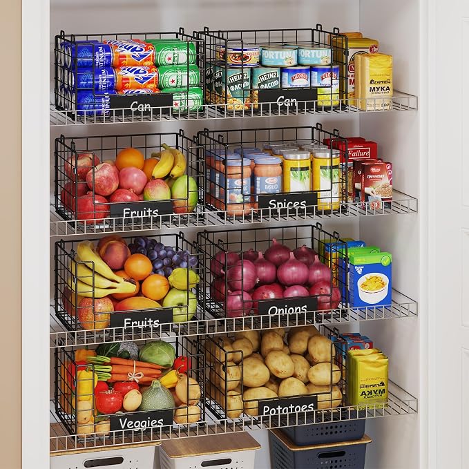JKsmart 4 Pack XL Stackable Wire Baskets, Pantry Organizers and Storage | Pantry Baskets with Handles and Name Plates, Muti-Purpose for Snack Organizer & Vegetable Basket & Fruit Basket & Snack Rack