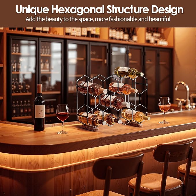 Nuovoware Countertop Wine Rack, 14-Bottle, 3 Tier, Black+Brown | Wine Bottle Organizer Storage, Freestanding Modern Carbon Steel Holder, Hexagonal Structure, for Cabinet, Pantry