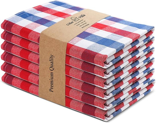 Urban Villa Cotton Dinner Napkins Set of 6, 20x20 Inche Soft Premium Cotton Napkins, Hotel Quality Highly Absorbent, Reusable & Washable Table Dinner Napkins (Red/Blue/White, Buffalo Checks)