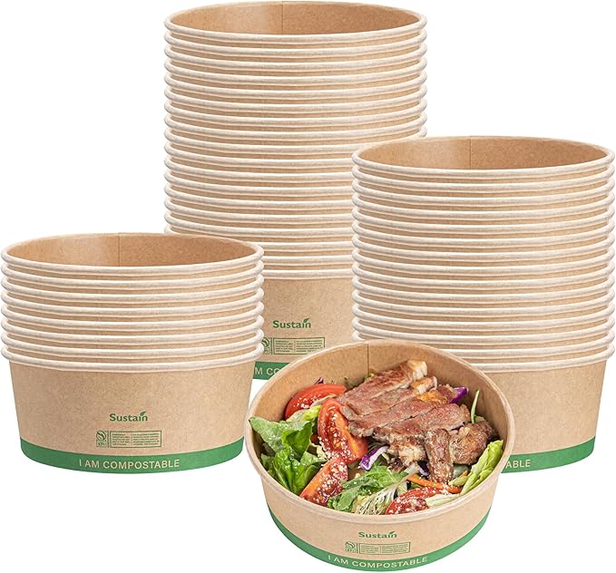 Restaurantware Paper Food Containers 200 Pack Of 17 oz Disposable Round Kraft Salad Bowls BPI-Certified Compostable Stackable Greaseproof Meal Prep Take Out Containers For Soups, Snacks And Desserts