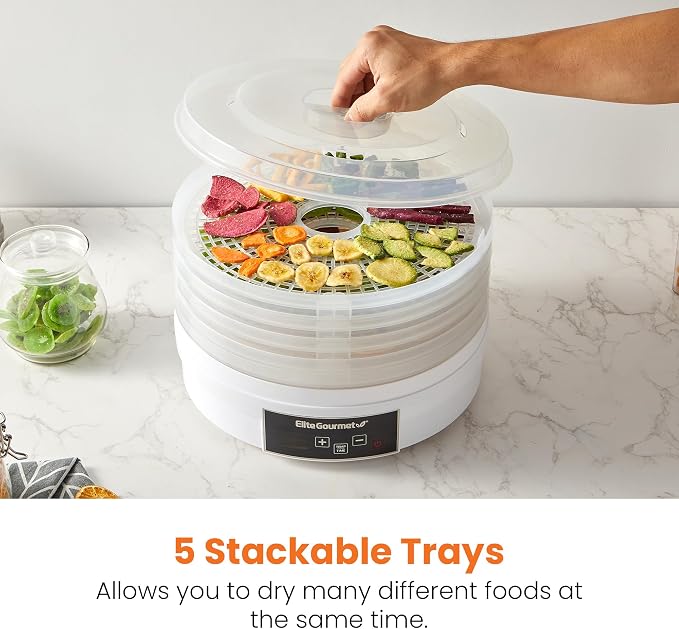 Elite Gourmet EFD770WD Digital Food Dehydrator, 5x12.5" Trays, 48-Hr, White | BPA-free trays - adjustable temp 95-158F - makes jerky, herbs, fruit, veggies & dried snacks - also great for meat