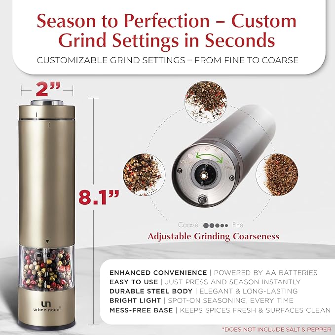 Urban Noon Electric Salt and Pepper Grinder Set (2 Mills, 8.1" Tall) - One-Handed Battery Operated Push-Button Mills with LED Light, Adjustable Ceramic Coarseness, 1-Year Warranty - Champagne