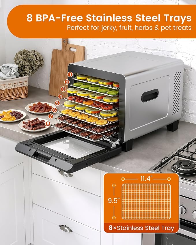 Food Dehydrator Machine, 720W 8-Tray Stainless Steel Dryer with Clear Window Door, 95-170°F Digital Temp Control & 24H Timer, 360° Airflow for Jerky, Fruit, Herbs, Dog Treats