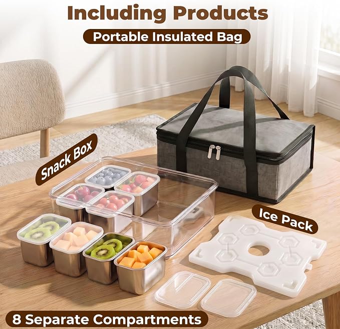Homelove Snackle Box Container with Ice-Pack, Snack Container Divided Serving Tray with 8-Compartment Snack Platter, Lid and Handle, Food Organizer for Outdoor Travel Party Beach Picnic