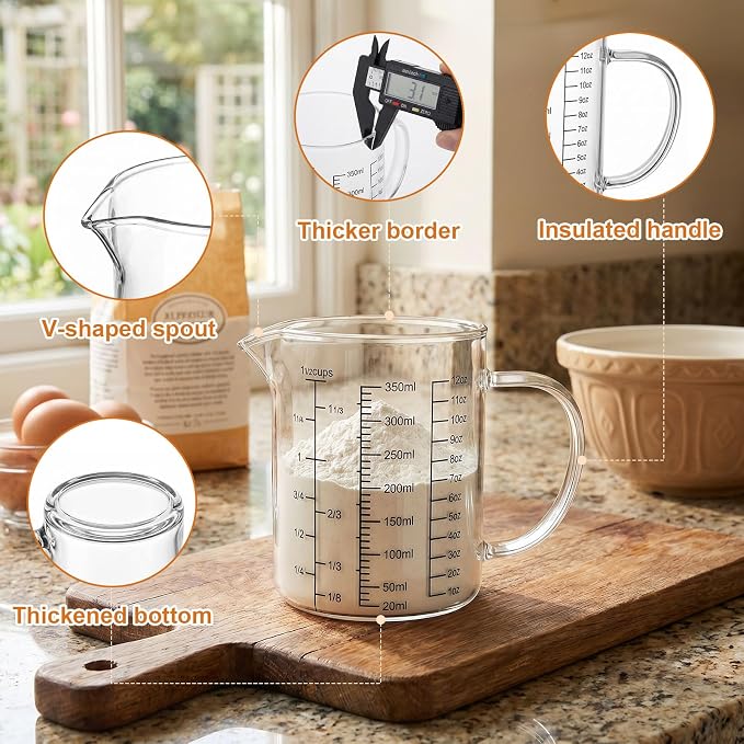 Graduated Glass Measuring Cup With Handle 350ML (12Oz, 1 1/2Cups) | High Borosilicate Liquid Measuring Cup for Baking Cooking Kitchen V-Shaped Spout Glass Measuring Beaker Easy To Read