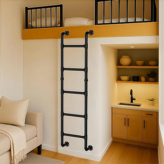 3/4/5/6/7/8FT Black Wall Mounted Steel Ladder, 5-Step Egress Ladder for Window Well, Loft, Bunk Bed, Camper, RV | Floor/Wall Mounted Indoor Safety Climb for Bedroom, Basement, Gym, Dorm & Small Spaces