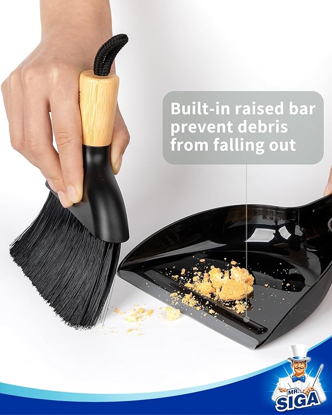 MR.SIGA Mini Dustpan and Brush Set, Bamboo Handle, Black, 1 Set | Portable cleaning brush and dustpan combo, handheld brush and dustpan combo with hanging loop