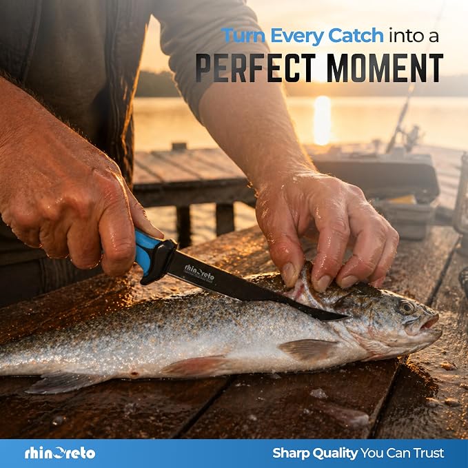 Rhinoreto Fillet Knife for Fish - Razor Sharp G4116 German Stainless Steel Blade, 7 Inch Professional Filleting & Boning Knife with Non-Slip Handle, Protective Sheath & Sharpener