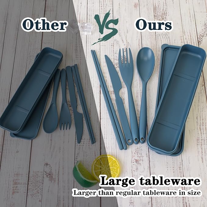 Large Reusable Travel Utensils Set with Case, Plastic Set for Adults Travel Picnic Camping, Portable Flatware Cutlery Set with Chopsticks for Daily Use(Dark Blue)