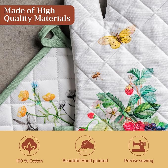 Maison d' Hermine 100% Cotton Oven Mitt & Pot Holder Set (7.5"x13" & 8"x8") | Heat Resistant BBQ Cooking Gloves with Loop Baking Grilling Kitchen Hotel Home Farmhouse Spring Summer - Printemps