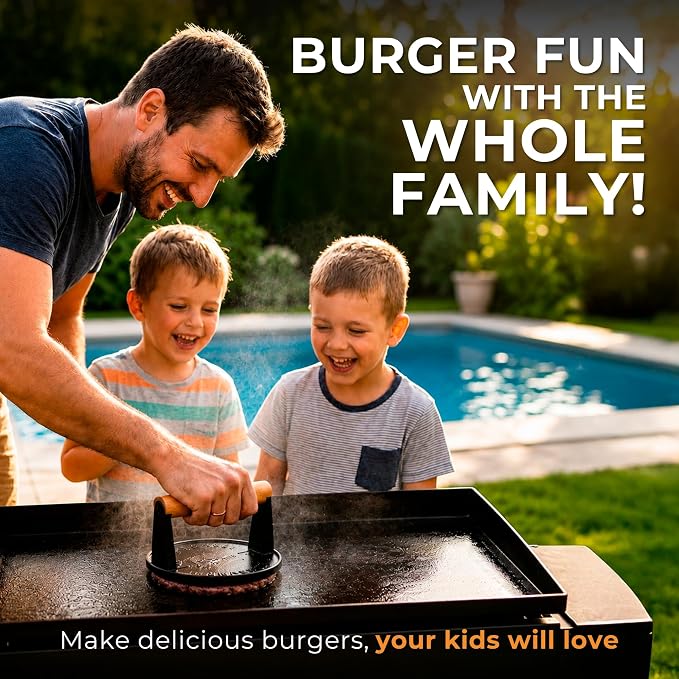 The Burger Smasher™ Pre-Seasoned Heavy Duty Cast Iron Smash Burger Press Kit - Heat Resistant Burger Smasher for Griddle, Food, Chef, Meat & Cooking Press, Hamburger Smasher - 30 Patty Paper