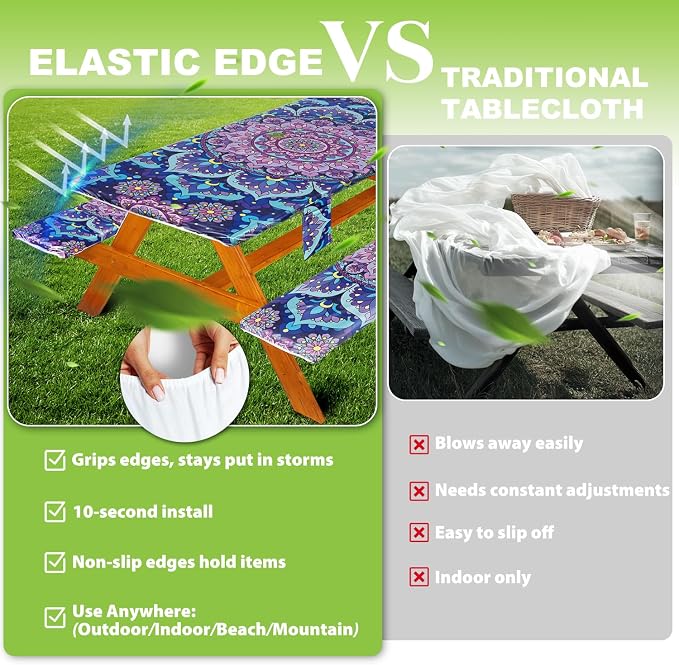 Fitted Picnic Table Cover with Bench Covers Waterproof Elastic Edges Rectangle Patio Tablecloth Outdoor Camping Essentials Stuff Rv Accessories Summer Trip Travel Camper Gifts for Woman Men, 96in 8 ft