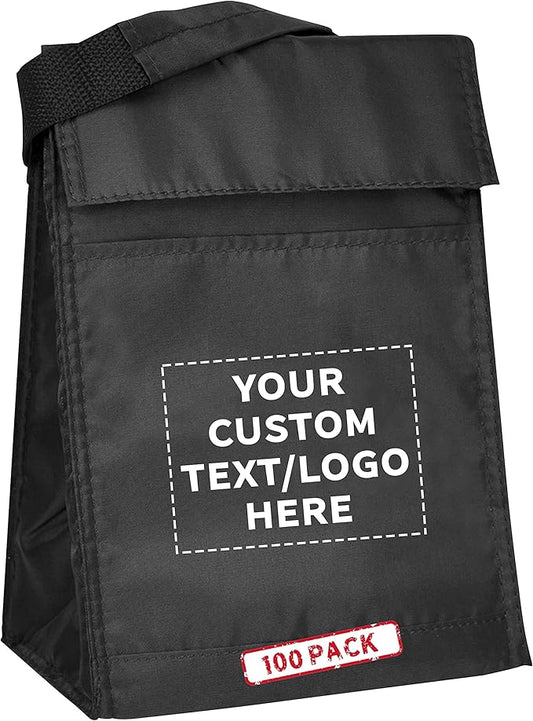 DISCOUNT PROMOS 100 Hook and Loop Insulated Lunch Bags Set - Customizable Text, Logo - Polyester, Durable, Vibrant, Reusable - Black