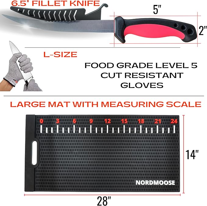Fish Fillet Mat Kit with Fish Ruler Decal and Fillet Knife, Cutting Gloves. Large 28"x14" Nonslip Fish Cleaning Mat that Grips the Fish - Durable & Easy to Clean, Portable Fish Cutting Board | Fish Ruler, Fillet Knife & Sharpener, Cutting Gloves, Scale...