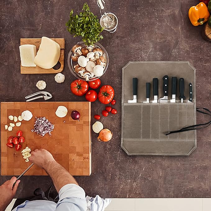 Chef’s Knife Roll Case, Waxed Canvas Cutlery Knives Holders Protectors, Home Kitchen Cooking Tools And Utensils Wrap Bag Wallet, Multi-Purpose Brush Roll Bag, Travel Tool Roll Pouch