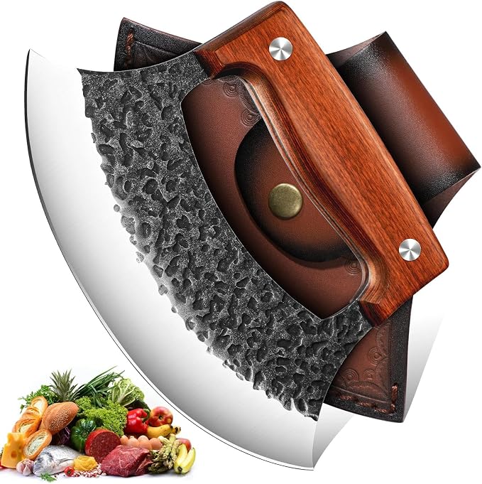 TIVOLI Hand Forged Ulu Knife - Mezzaluna Rocker Knife - Pizza Cutter | Anti-stick Pounding Texture, Full Tang, Rosewood Handle, Belt Sheath, Gift Box, for Kitchen, Camping, BBQ