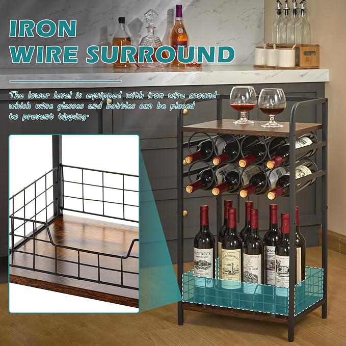 3-Tier Wine Rack Freestanding Floor Cabinet Corner Bar Cabinet Bar Cart,12 Individual Wine Storage Bottle Compartments Corner Bar Cabinet Holder,Wood + Black Frame Liquor Cabinet