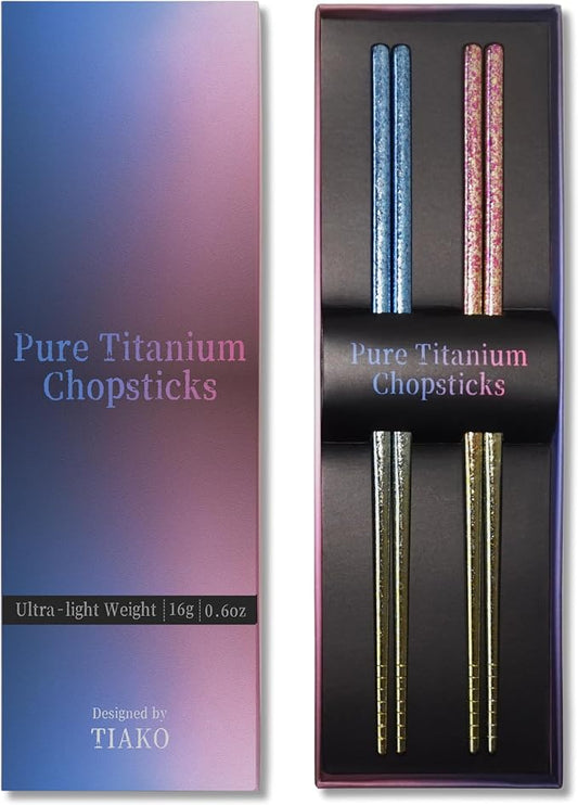 TIAKO 2 Pair Titanium Chopsticks Set (Blue & Pink) | 99.8% Pure Titanium | Anodized Color Finish | Gift Box for Wedding, Anniversary, Housewarming & Daily Use