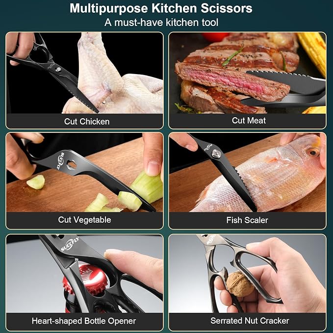 SUCCFLY Heavy Duty Kitchen Scissors for Food Titanium Plated Black 8.8 Inch | Premium Kitchen Shears, Ultra Sharp 5CR15 Detachable Blade, All-Steel & Anti-Slip Poultry Shears, All Purpose Scissors