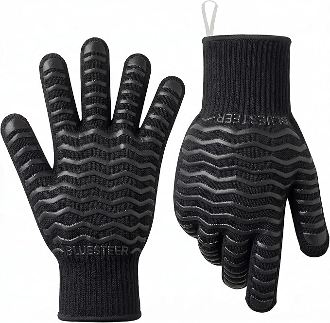 BBQ Gloves 1472°F Heat Resistant Oven Gloves with Fingers Heat Proof Grill Gloves Non-Slip Silicone Oven Mitts for Kitchen Cooking Grilling Baking Smoking Black