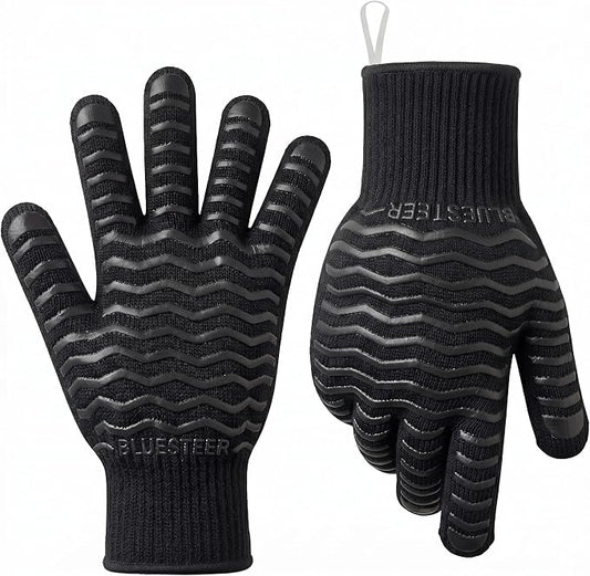 BBQ Gloves 1472°F Heat Resistant Oven Gloves with Fingers Heat Proof Grill Gloves Non-Slip Silicone Oven Mitts for Kitchen Cooking Grilling Baking Smoking Black