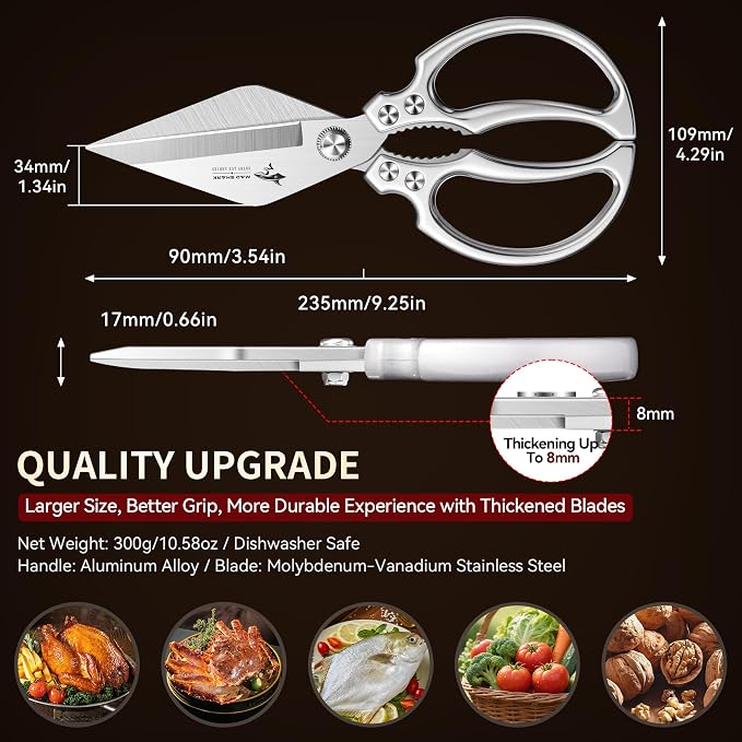MAD SHARK Heavy Duty Kitchen Shears, Sharp All Purpose Kitchen Scissors | 8mm German Steel Poultry Shears for Chicken, Meat, Turkey, Seafood & Vegetables, Dishwasher Safe, Ergonomic, Silver