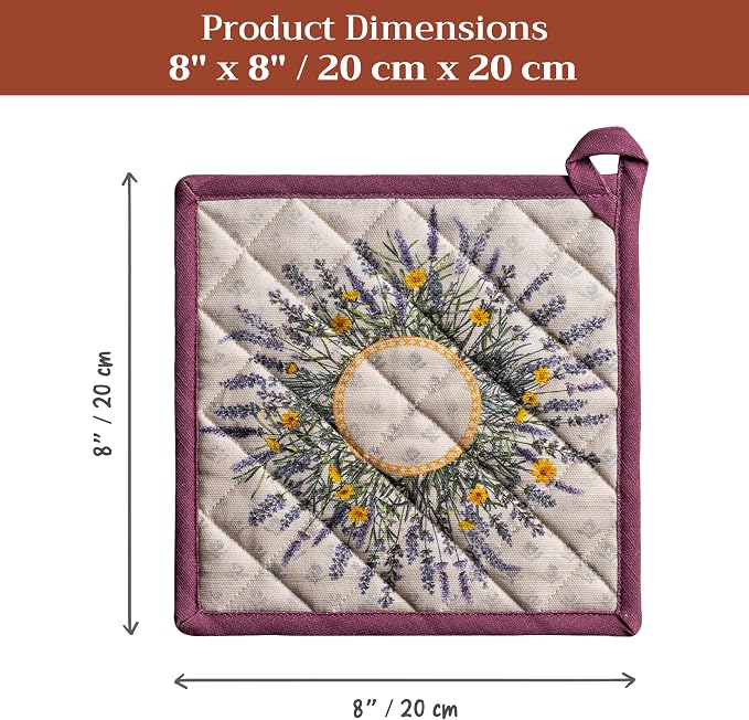 Maison d' Hermine Pot Holders 100% Cotton Potholders (8" x 8", Pack of 2) | Heat Resistant Hot Pads with Loop BBQ Cooking Baking Farmhouse Kitchen Handling Hot Pans Spring Summer - Fanny Lavender