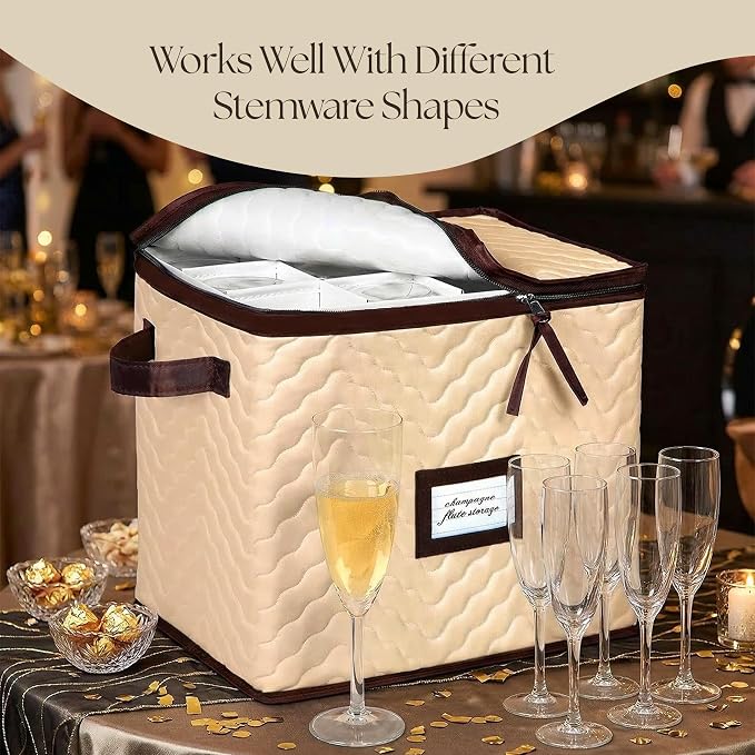 Wine Glass Storage Box with Dividers, Holds 12 Champagne Flute 3" Wide | 2 Pack, Stemware Storage Case, Protects Fine China, Durable Quilted Microfiber, Carry Handles, Ideal for Champagne Flute