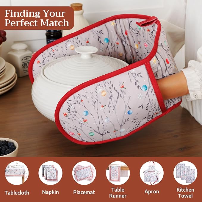 Maison d' Hermine Double Oven Mitts 100% Cotton Double Oven Glove (7"x35") | Heat Resistant BBQ Cooking Gloves with Loop Baking Kitchen Home Hotel Farmhouse Thanksgiving Christmas - Fairy Christmas