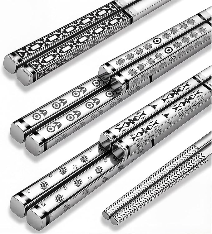 Metal Chopsticks Reusable,18/8 Stainless Steel,Silver,5 Pairs | Dishwasher Safe, Square, Lightweight, Non-Slip, Boho Style