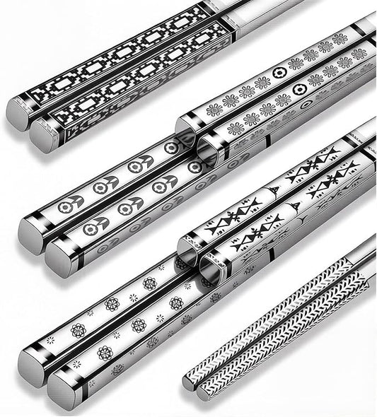 Metal Chopsticks Reusable,18/8 Stainless Steel,Silver,5 Pairs | Dishwasher Safe, Square, Lightweight, Non-Slip, Boho Style
