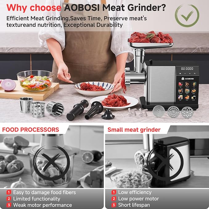 AAOBOSI Multifunctional Digital Meat Grinder Electric 3000W Max | 9 Touch Screen Presets, Auto-Reverse & Built-in Storage -Grinding, Sausage & Kibbe & Grate Cheese Making for Home Use