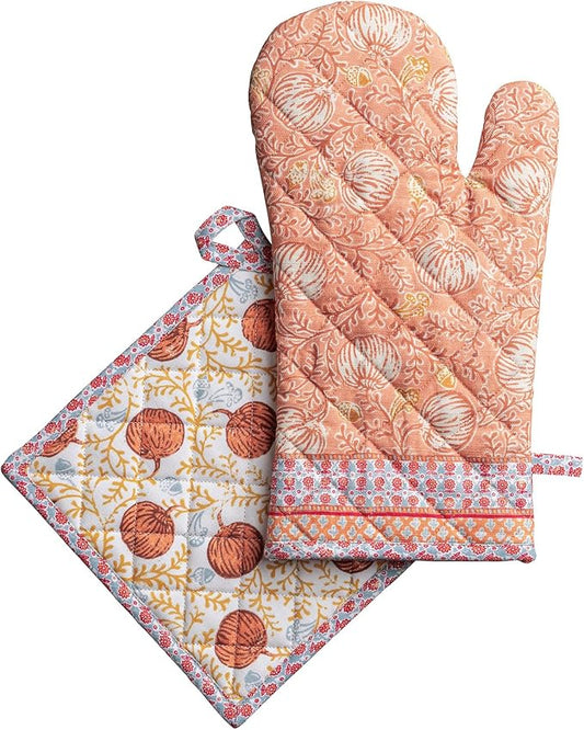 Maison d' Hermine 100% Cotton Oven Mitt & Pot Holder Set (7.5"x13" & 8"x8") | Heat Resistant BBQ Cooking Gloves with Loop Baking Kitchen Hotel Home Farmhouse Thanksgiving Christmas - Harvest Festival